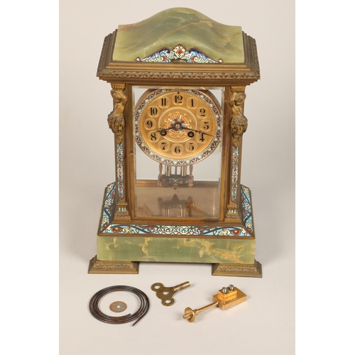 303 - 19th century French four glass mantle clock, green onyx and champleve enamel with floral decoration ... 