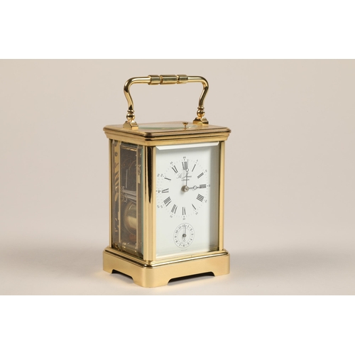 305 - English brass repeating carriage clock, white enamel dial, roman numerals and alarm dial, marked St.... 