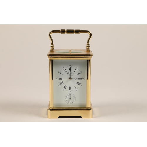 305 - English brass repeating carriage clock, white enamel dial, roman numerals and alarm dial, marked St.... 