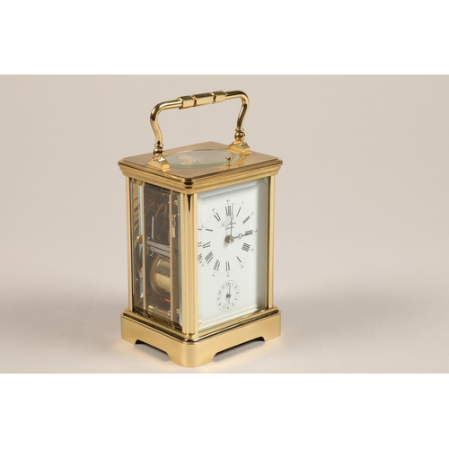 305 - English brass repeating carriage clock, white enamel dial, roman numerals and alarm dial, marked St.... 