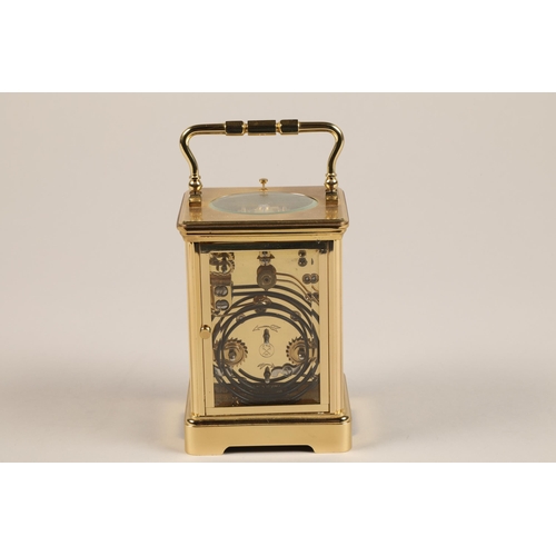 305 - English brass repeating carriage clock, white enamel dial, roman numerals and alarm dial, marked St.... 