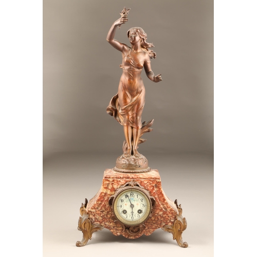 306 - French Art Nouveau lady figure mantle clock, maiden holding flowers mounted to rouge marble cased ti... 