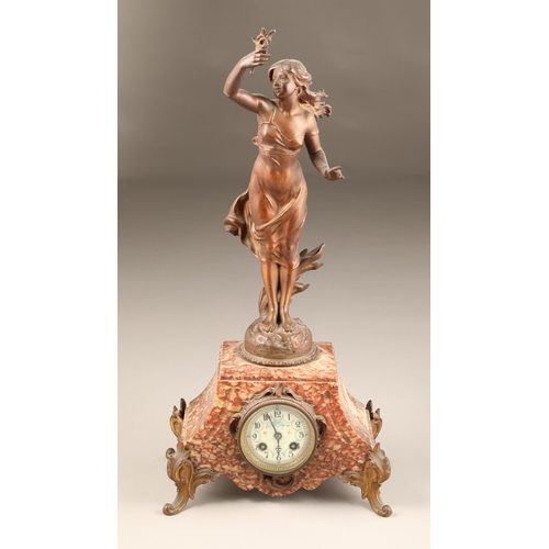 306 - French Art Nouveau lady figure mantle clock, maiden holding flowers mounted to rouge marble cased ti... 