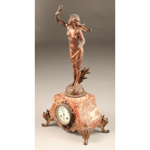 306 - French Art Nouveau lady figure mantle clock, maiden holding flowers mounted to rouge marble cased ti... 