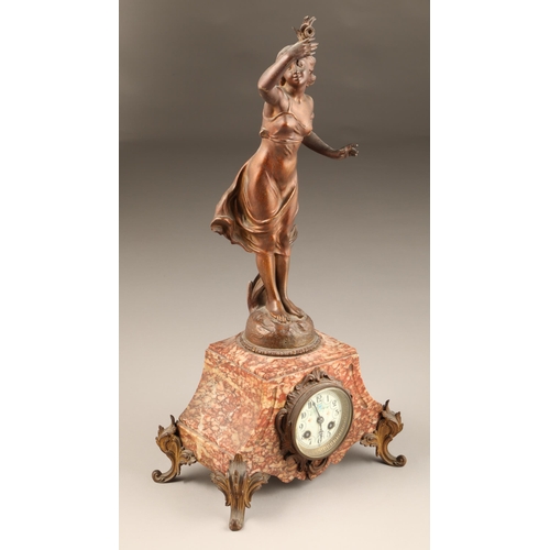 306 - French Art Nouveau lady figure mantle clock, maiden holding flowers mounted to rouge marble cased ti... 