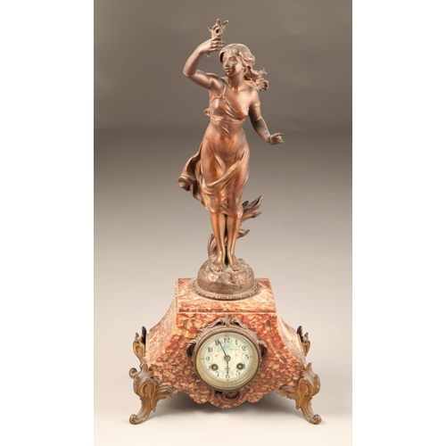 306 - French Art Nouveau lady figure mantle clock, maiden holding flowers mounted to rouge marble cased ti... 