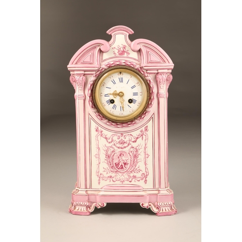 307 - A Gien pottery cased mantle clock, Miller and Sons, movement striking on a bell. The case decorated ... 