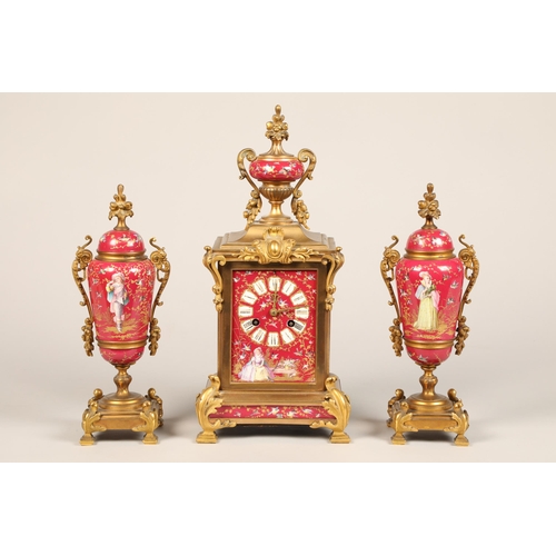 308 - 19th Century French three piece ormolu and porcelain clock set, the porcelain panels in pink decorat... 