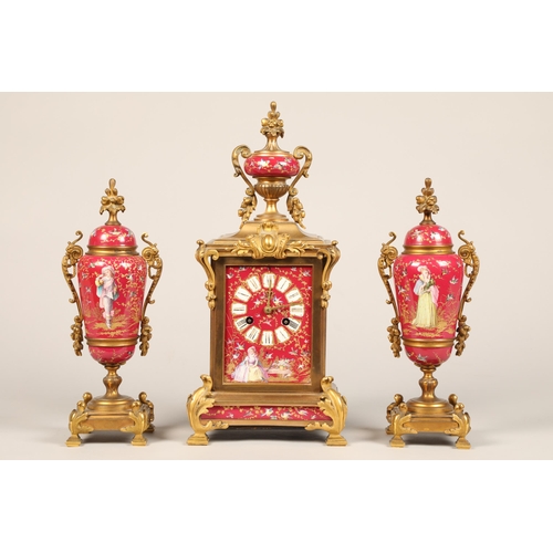 308 - 19th Century French three piece ormolu and porcelain clock set, the porcelain panels in pink decorat... 