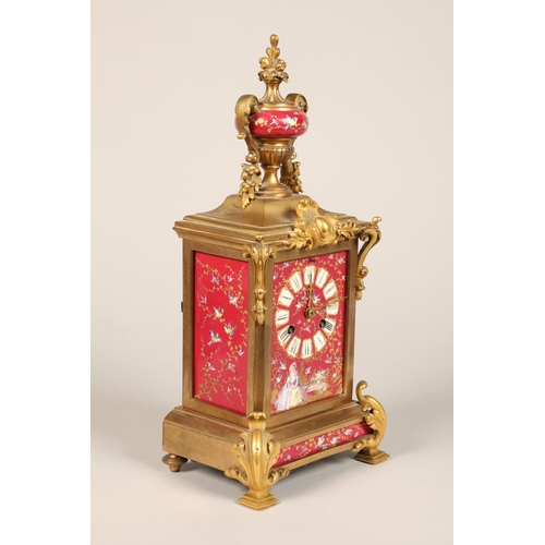 308 - 19th Century French three piece ormolu and porcelain clock set, the porcelain panels in pink decorat... 