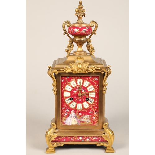 308 - 19th Century French three piece ormolu and porcelain clock set, the porcelain panels in pink decorat... 