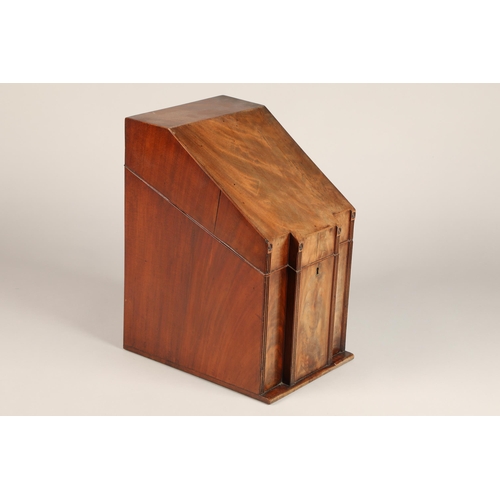 311 - Georgian mahogany decanter box, hinged slopping cover revealing four felt lined compartments with fo... 