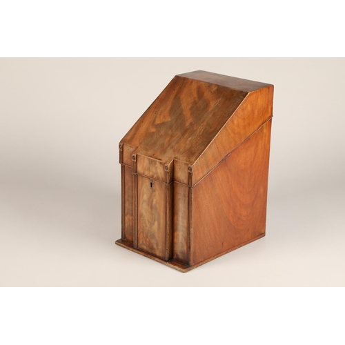 311 - Georgian mahogany decanter box, hinged slopping cover revealing four felt lined compartments with fo... 