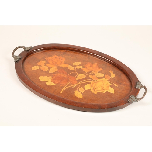 312 - Edwardian oval floral marquetry tray with bronze foliate handles, length 47cm