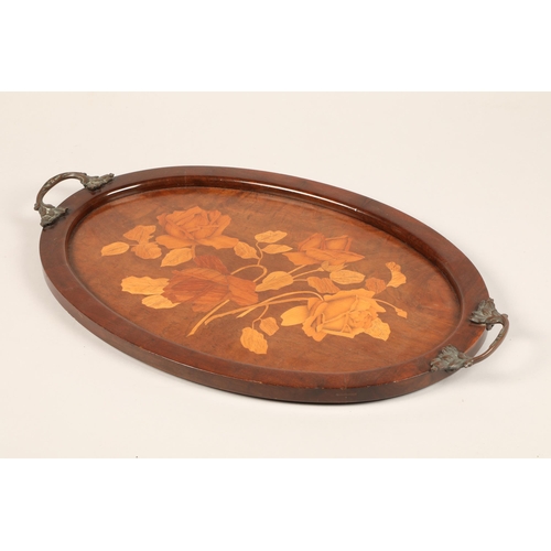 312 - Edwardian oval floral marquetry tray with bronze foliate handles, length 47cm