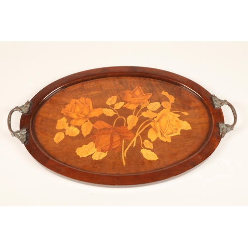 312 - Edwardian oval floral marquetry tray with bronze foliate handles, length 47cm