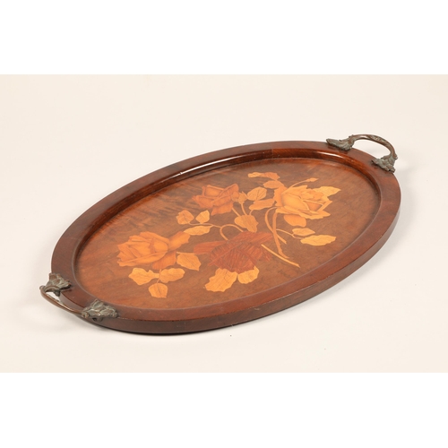 312 - Edwardian oval floral marquetry tray with bronze foliate handles, length 47cm