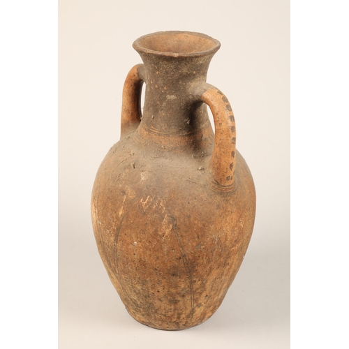 317 - Ancient terracotta pot with twin handles, Eastern possibly Egyptian, decorated with Geometric line d... 