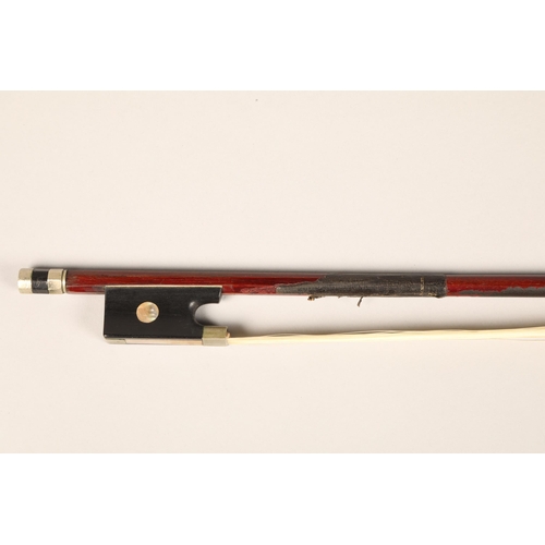 373 - Violin bow, round stick, red brown colour, 54 weight grams, pearl missing from button