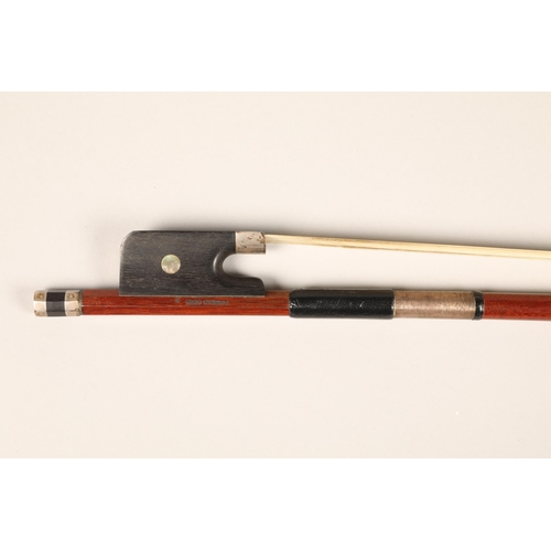 374 - Silver mounted Cello bow by Conrad Gotz, stamped on the shaft and frog, round stick of a red brown c... 