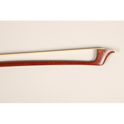 374 - Silver mounted Cello bow by Conrad Gotz, stamped on the shaft and frog, round stick of a red brown c... 