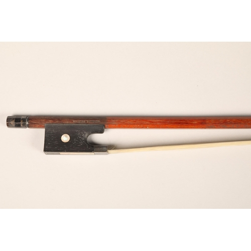 375 - Silver mounted Eugenio Praga violin bow, stamped on the shaft twice, pearl eye and ebony frog, round... 