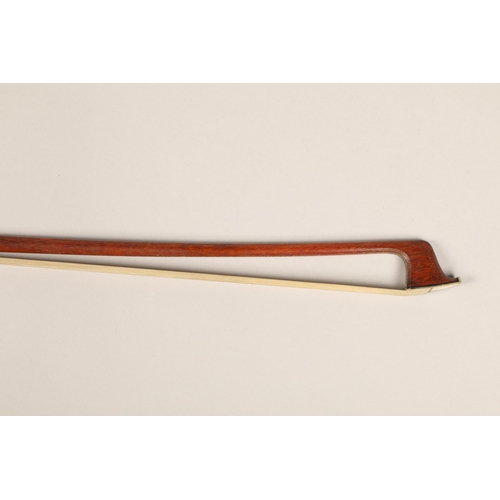 375 - Silver mounted Eugenio Praga violin bow, stamped on the shaft twice, pearl eye and ebony frog, round... 