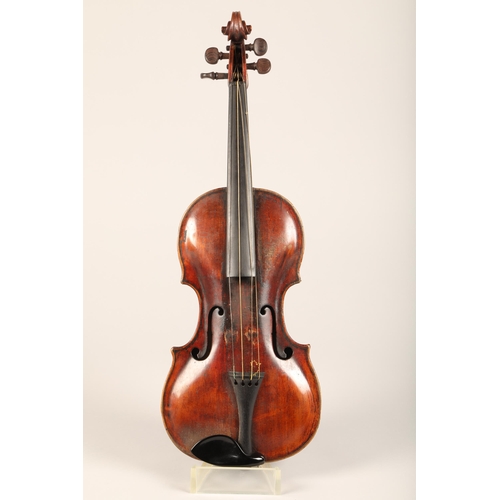 380 - Violin of the Stainer School, repairers signature on inner back dated 1806, length of back 35.4cm, o... 