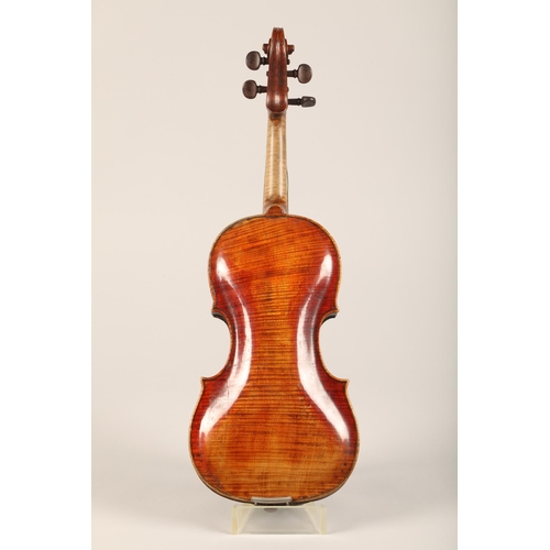 380 - Violin of the Stainer School, repairers signature on inner back dated 1806, length of back 35.4cm, o... 