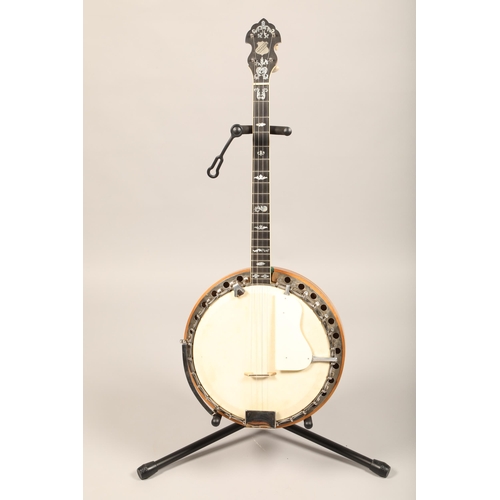 391 - Clifford Essex Paragon four-string Banjo, Paragon decel on head stock, maple back , 19 frets to body