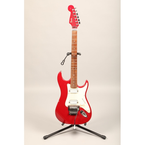 396 - Fender Squier Stagemaster six string red guitar with Floyd Rose tremolo system