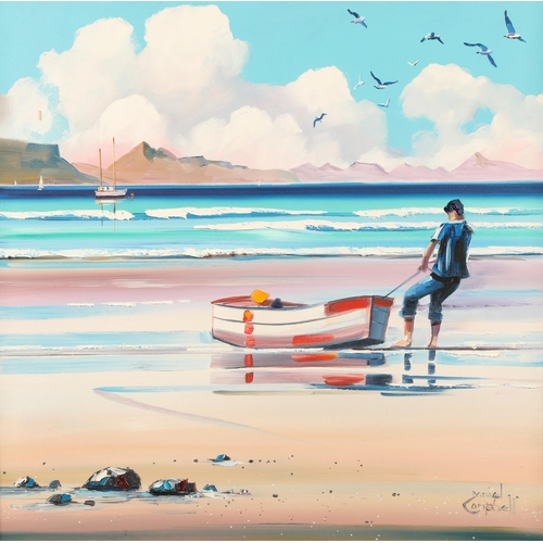 447 - Daniel Campbell ARR Framed oil on canvas, signed 'Pulling The Boat Ashore' 58.5cm x 59cm