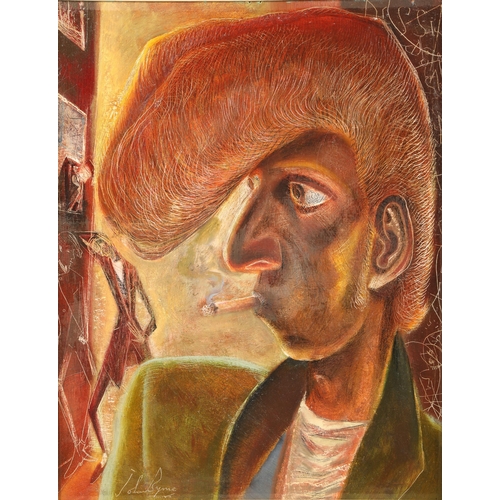 449 - John Byrne RSA (Scottish born 1940) ARR Framed oil on board, signed 'Paisley Teddy Boy' 50cm x 40cm