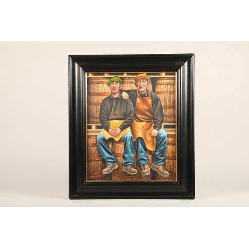 453 - Graham McKean (Scottish born 1962) ARR Framed oil on canvas, signed 'The Whisky Coopers' 60cm x 50cm... 