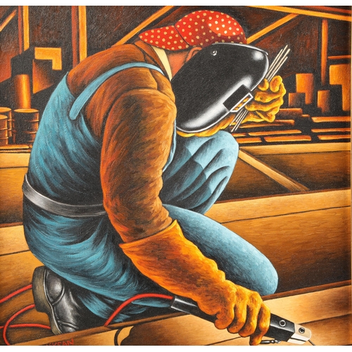 454 - Graham McKean (Scottish born 1962) ARR Framed oil on canvas, signed 'Welder At Work' 40cm x 40cm