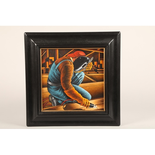 454 - Graham McKean (Scottish born 1962) ARR Framed oil on canvas, signed 'Welder At Work' 40cm x 40cm