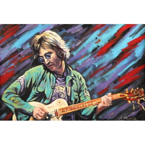 456 - Shahin Memishi (Kosovar) ARR Framed oil on board, signed lower right 'John Lennon playing guitar' 48... 