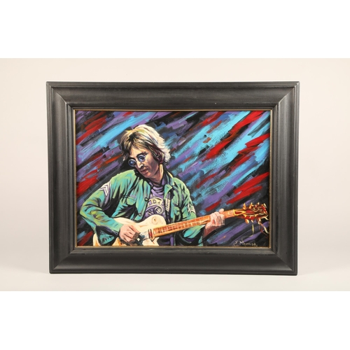 456 - Shahin Memishi (Kosovar) ARR Framed oil on board, signed lower right 'John Lennon playing guitar' 48... 