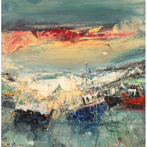 462 - Nael Hanna (Scottish/Iraqi born 1959) ARR Framed oil on board, signed 'Fishing Boats, East Coast' 50... 