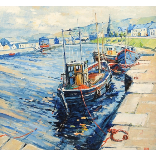 464 - Erni Upton FRSA (Scottish Born 1936) ARR Framed oil on canvas, Signed 'Girvan Harbour' Label verso 6... 