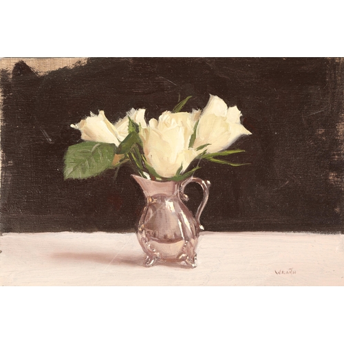 476 - Robbie Wraith (British born 1952) ARR Unframed oil on board, signed Still Life, Roses in a Silver Ju... 