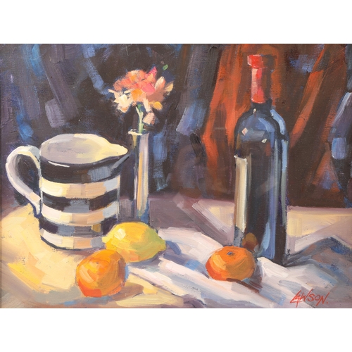 479 - Joan Lawson (Scottish 20th century) ARR Framed oil on board, signed 'Still Life, Fruit and a Bottle ... 