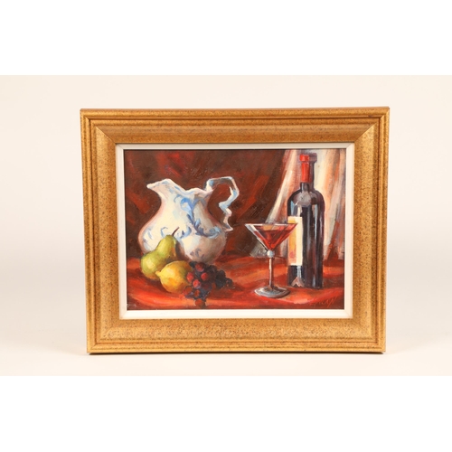 480 - Joan Lawson (Scottish 20th century) ARR Framed oil on board, signed 'Still Life, Blue and White Jug,... 