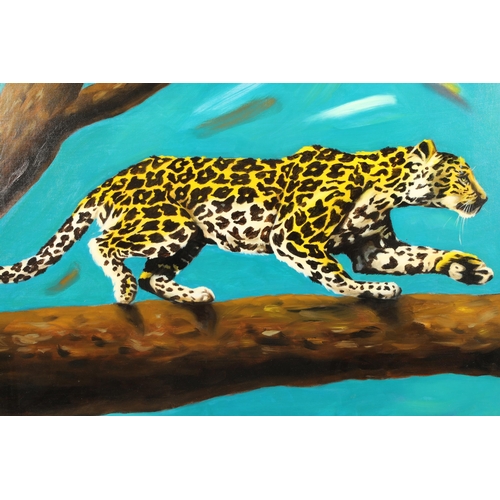 510 - Valentin Petrov (Bulgarian born 1966) ARR Framed oil on canvas, signed 'Leopard in Tree' 75cm x 100c... 