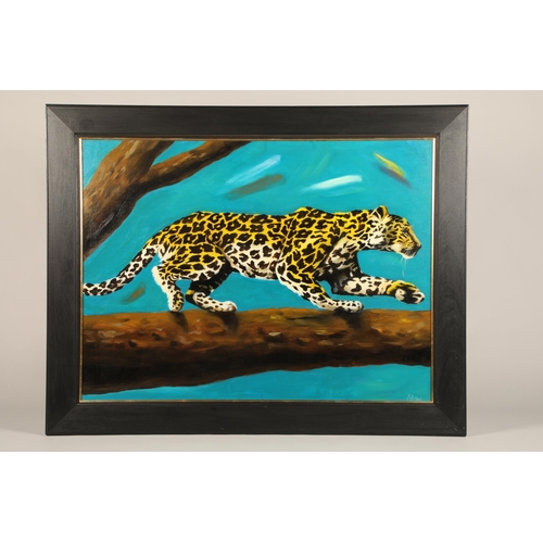 510 - Valentin Petrov (Bulgarian born 1966) ARR Framed oil on canvas, signed 'Leopard in Tree' 75cm x 100c... 