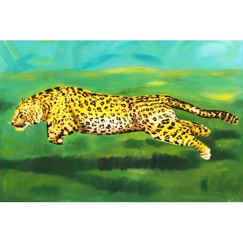 511 - Valentin Petrov (Bulgarian born 1966) ARR Framed oil on canvas, signed 'Leopard Leaping' 75cm x 100c... 