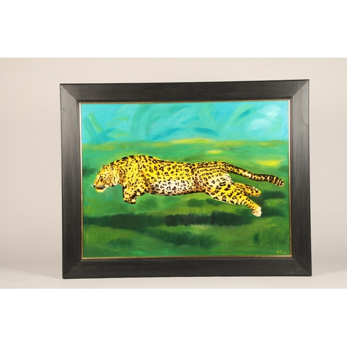 511 - Valentin Petrov (Bulgarian born 1966) ARR Framed oil on canvas, signed 'Leopard Leaping' 75cm x 100c... 