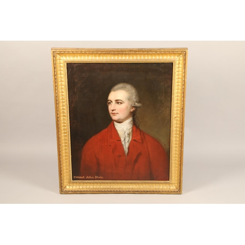 532 - Robert McInnes Portrait of Colonel John Blair, bust-length in a red coat and yellow waistcoat with i... 