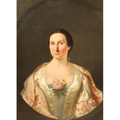 539 - Sir George Chalmers Portrait of Mrs. John Blair, bust-length in a white dress and a pink shawl with ... 