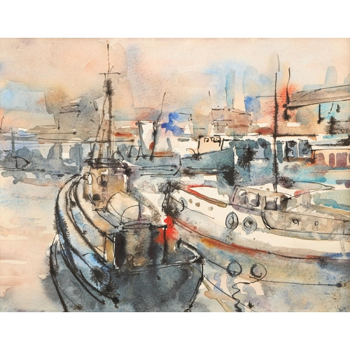 553 - William Sinclair (Scottish 1937-1997) Gilt framed watercolour 'A Busy Clyde Dock' 17cm x22cm Provena... 